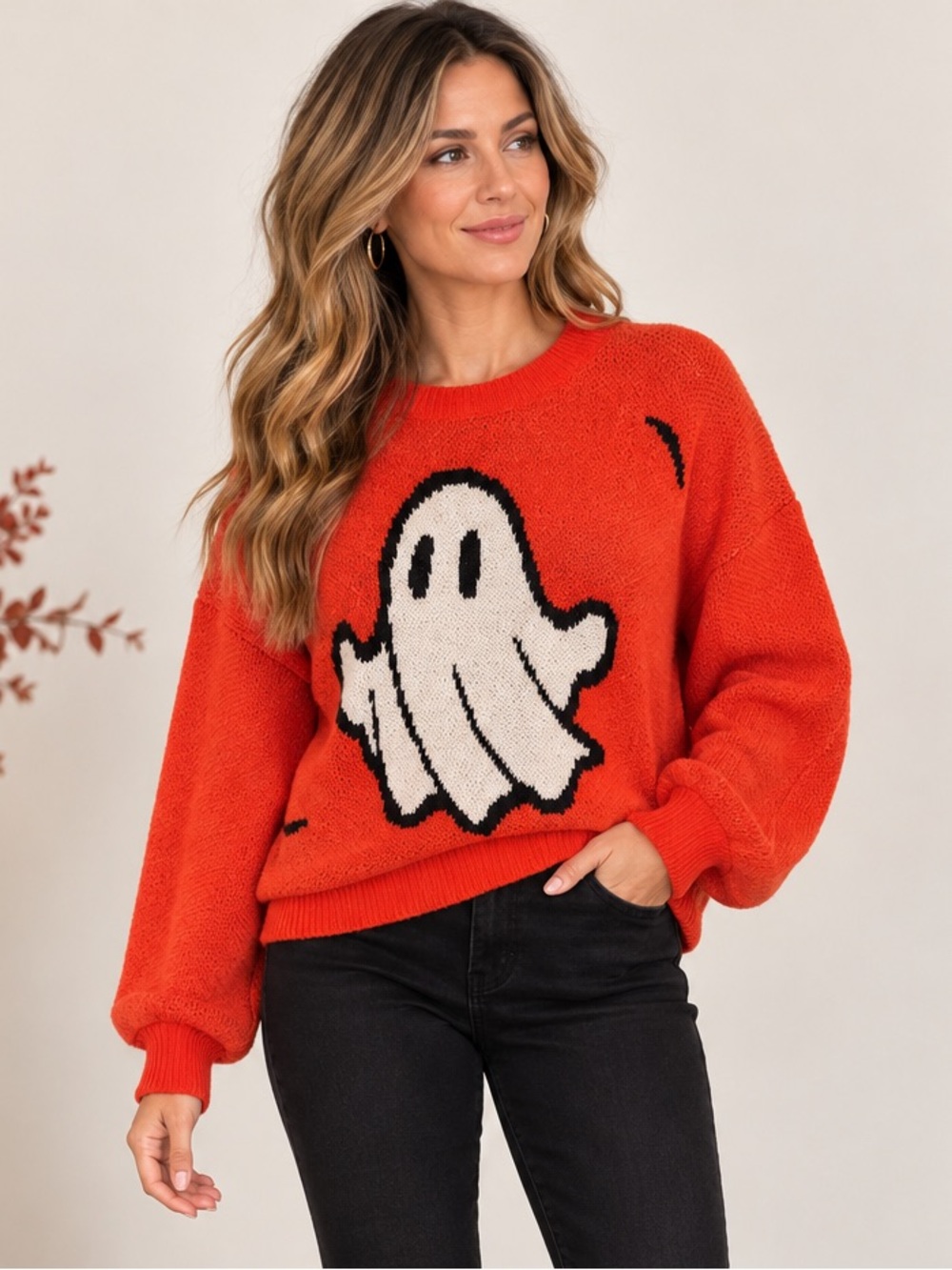 MELLO Orange Ghost Graphic Halloween Knit Sweater